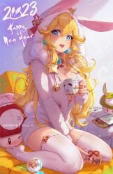 1girls 2023 breasts bunny_costume cleavage female female_only full_body holding_mug indoors kneeling large_breasts mario_(series) mitsu_art mug mushroom new_year nintendo princess_peach sitting solo stockings super_mario_bros. super_mario_bros._(nes) thighs wariza year_of_the_rabbit zettai_ryouiki