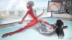 ass dark_piccolo electricity long_hair monitor monster_girl nude pornthulhu red_skin reverse_cowgirl_position sex short_hair spread_legs tail vaginal_penetration window