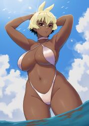 1girls armpits arms_behind_head belly big_breasts bikini black_hair blonde_hair breasts choker cloud clouds covered_nipples covering_breasts dark-skinned_female dark_skin female female_only large_breasts oc orange_eyes original original_character original_characters pose saki_(sambalteracy) sambalteracy short_hair sky solo solo_female solo_focus stomach string_bikini string_panties thick_legs thighs tummy two_tone_hair very_short_hair yellow_hair