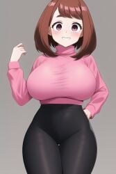 ai_generated big_breasts black_legwear blush brown_hair hypercummies my_hero_academia ochako_uraraka pink_eyes pink_sweater short_hair thick_thighs tucked_shirt