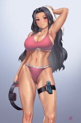 1girls 2022 alternate_version_available arm_up armpit belly big_breasts black_hair blush bra breasts cleavage clothing dark-skinned_female dark_hair dark_skin electronics female female_only finalcake game_controller holding holding_object huge_breasts joycon_controller joycon_strap leg_strap legwear lingerie long_hair navel nijisanji nijisanji_en nintendo_switch panties pilates_ring pink_bikini pink_bikini_bottom pink_bra pink_lingerie pink_panties pink_sports_bra pink_spots pink_underwear ring_fit_adventure ringcon_controller scarle_yonaguni solo solo_female sports_bra sportswear standing thighs towel underwear virtual_youtuber white_towel