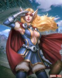 1girls artist_request blonde_hair breasts cape cleavage curvy curvy_female eiffel_tower female female_only genderswap_(mtf) goddess hammer human human_only lady_thor light-skinned_female light-skinned_male light_skin long_hair marvel marvel_comics rule_63 solo straight_hair superheroine thor_(series) weapon wide_hips wooden_hammet