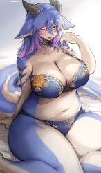 1girls aqua_eyes big_breasts blue_body blue_hair blush bra breasts chubby chubby_female curvaceous curvy dragon dragon_ears dragon_horns dragon_tail female female_only horns lanya_(lcshian) long_hair looking_at_viewer one_eye_closed panties pink_highlights sitting solo suurin_(ksyaro) tail thick_thighs two_tone_body white_body