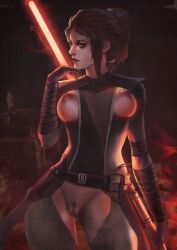 bandages bastila_shan bodysuit breasts breasts_out brown_eyes brown_hair exposed_pussy exposed_thighs functionally_nude knights_of_the_old_republic lightsaber looking_away military_uniform monorirogue ponytail pussy red_lightsaber sith star_wars thighs