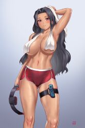 1girls 2022 alternate_version_available arm_up armpit belly big_breasts black_hair blush breasts casual cleavage clothing covered_breasts covered_nipples dark-skinned_female dark_hair dark_skin dolphin_shorts electronics female female_only finalcake game_controller holding holding_object huge_breasts human joy-con joycon_strap leg_strap legwear long_hair navel nijisanji nijisanji_en nintendo_switch no_bra pilates_ring red_shorts ring_fit_adventure ringcon_controller scarle_yonaguni shorts shorts_only solo solo_female sportswear standing thighs topless towel towel_over_breasts virtual_youtuber white_towel