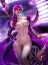 bangs breasts car casual claws earrings elbow_gloves evelynn female fur_coat gold_eyes heroine highres jewelry k/da_evelynn k/da_series league_of_legends lights long_nails looking_over_eyewear looking_over_glasses looking_over_sunglasses medium_breasts necklace nude purple-tinted_eyewear purple_hair purple_theme pussy riot_games side_ponytail smoke sports_car succubus sunglasses tinted_eyewear uncensored zarory