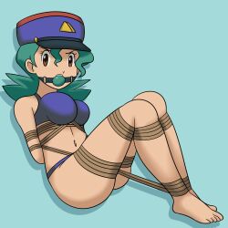 1girls arms_tied_behind_back ball_gag blue_ball_gag blue_bra blue_hair blue_hat blue_panties bondage bra breasts brown_eyes crotch_rope dankestofdans gag gagged hat large_breasts legs_tied long_hair looking_at_viewer midriff navel nintendo officer_jenny_(pokemon) panties pokemon police police_hat police_uniform policewoman restrained rope rope_between_breasts rope_bondage shibari_over_clothes tied_up