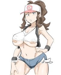 armpits baseball_cap blue_eyes blush breasts brown_hair cleavage crop_top denim denim_shorts hat hilda_(pokemon) jean_shorts large_breasts looking_at_viewer nervous nipple_slip nipples pokemon ponytail short_shorts shorts sweat underboob yuujiro