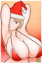 1girls akamatsu_kaede alternate_breast_size alternate_version_available big_breasts blonde_hair breasts christmas christmas_clothing christmas_outfit danganronpa danganronpa_v3 female_only huge_breasts large_breasts pontapon santa_bikini santa_hat short_hair sole_female straight_hair tagme upper_body uppercut