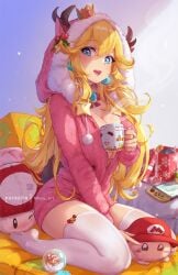 1girls 2023 breasts cleavage female female_only full_body holding_mug indoors kneeling large_breasts mario_(series) mitsu_art mug mushroom nintendo princess_peach reindeer_antlers sitting solo stocking stockings super_mario_bros. super_mario_bros._(nes) thighs wariza zettai_ryouiki