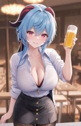 1girls ai_generated beer blue_hair breasts cleavage drink female ganyu_(genshin_impact) genshin_impact horn large_breasts lunarheron nai_diffusion office_lady purple_skin skirt stable_diffusion