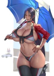 1girls 2girls bikini breasts car chibi cleavage eu03 fate/grand_order fate_(series) female female_only hand_on_hip hips huge_breasts long_hair massive_breasts mature_female milf minamoto_no_raikou_(fate) minamoto_no_raikou_(fate/grand_order) motorcycle_helmet parasol purple_eyes purple_hair race_queen shuten_douji_(fate) skindentation solo_focus thick_thighs thighhighs thighs toy_car very_long_hair wide_hips