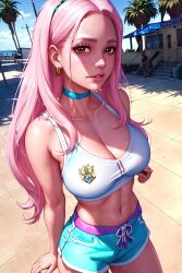 2023 ai_generated big_breasts curvy_figure female_focus female_only high_resolution jogging_shorts long_hair looking_at_viewer pink_hair seductive_look stable_diffusion