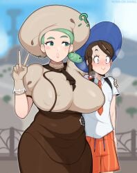 2girls ? afrobull aware big_breasts blush breasts clothed_female female female_only fully_clothed hat huge_breasts juliana_(pokemon) katy_(pokemon) mature_female nintendo peace_sign pokemon pokemon_sv surprised voluptuous yuri