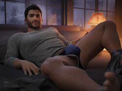 actor appasart big_bulge bulge celebrity derek_hale huge_bulge in_character laying_on_bed leaning_back looking_at_viewer male male_only muscles muscular muscular_male spread_legs teen_wolf tyler_hoechlin