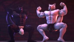 3d_(artwork) abs anthro bulge canid canine canis clothing crouching digital_media_(artwork) duo flexing glowing glowing_eyes hi_res male mammal muscular muscular_male ok_bruh petruz_(copyright) source_filmmaker thick_thighs tongue tongue_out underwear wolf