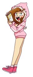 allyrat book breasts brown_hair fang green_eyes hoodie medium_breasts nipples roller_skates