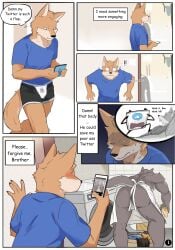 absurd_res anthro ash_(dirittle) blush bon_(dirittle) brother brothers bulge canid canine canis cellphone comic dirittle duo english_text hi_res male male/male mammal muscular muscular_male phone sibling text wolf