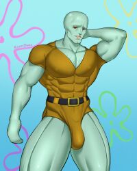 big_bulge blue_skin bulge cephalopod hairy_chest handsome_squidward huge_bulge kappibara male male_only muscles muscular muscular_male nickelodeon octopodiform octopus smooth_skin spongebob_squarepants squidward_tentacles