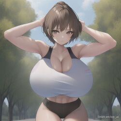 ai_generated brown_eyes brown_hair fit huge_breasts op_ai short_hair sports_bra tagme