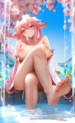 1girls absurd_res animal_ears big_breasts cherry_blossoms crossed_legs feet female female_only genshin_impact hair_ornament hi_res highres lactation large_breasts legs liu_liaoliao long_hair looking_at_viewer nipples outdoors outside petals pink_hair purple_eyes sitting sky soles solo solo_female thick toes voluptuous water yae_miko