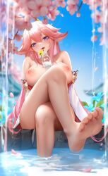 1girls absurd_res animal_ears big_breasts bottle cherry_blossoms crossed_legs feet female female_only genshin_impact hair_ornament hi_res highres large_breasts legs liu_liaoliao long_hair looking_at_viewer nipples outdoors outside petals pink_hair purple_eyes sitting sky soles solo solo_female thick toes voluptuous water yae_miko