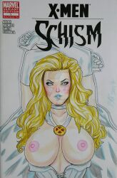 almostheroesart blonde_hair blue_eyes comic comic_cover emma_frost female female_only hands_behind_head looking_at_viewer marvel marvel_comics topless topless_female white_queen x-men