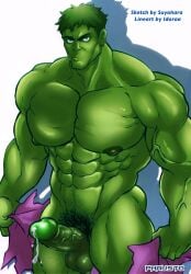 1boy artist_collab boner erect_penis erection green-skinned_male green_skin hard_on hulk hulk_(series) lilprincyvi looking_at_viewer male male_only marvel muscular muscular_male nude nude_male phausto precum precum_drip solo solo_male suyohara veiny_penis