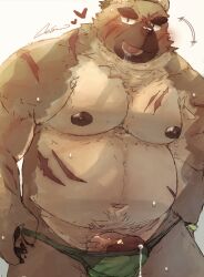 10_cosmo_24 2023 anthro belly blush bodily_fluids brown_body canid canine canis clothing domestic_dog genital_fluids genitals heart hi_res kemono lifewonders male mammal moobs navel nipples overweight overweight_male penis precum scar simple_background solo tokyo_afterschool_summoners underwear yasuyori