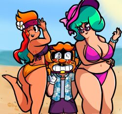 1boy 2girls amber_(brawl_stars) beach big_ass bikini brawl_stars breasts dark-skinned_female green_hair griff_(brawl_stars) light-skinned_male light_skinned_female lola_(brawl_stars) orange_hair_bow