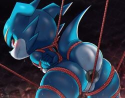 2023 5_fingers anal anthro ass bandai_namco blue_arms blue_body blue_butt blue_tail blush bodily_fluids bondage bondage bound bruised digimon digimon_(species) fingers hands_behind_back raised_tail red_rope restraints rope rope_bondage shoru solo sweat tail teeth veemon wet wet_body