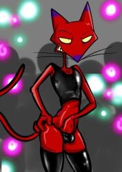 anthro bulge cartoon_network clothed clothing courage_the_cowardly_dog domestic_cat felid feline felis fondling_self hand_in_pants hi_res illegaleel katz_(courage_the_cowardly_dog) legwear male mammal party rubber rubber_clothing rubber_suit skimpy solo thigh_highs