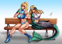 2023 black_sclera blonde_hair blue_eyes blush blushing bottle casual_outfit_(metroid) commission crack_ship crossover drinking drinking_water eastern_and_western_character embarrassed female human interspecies kamen_kaiser league_of_legends looking_down marai mermaid metroid monster_girl muscle muscular muscular_female nami_(league_of_legends) nervous ponytail red_eyes samus_aran shorts shy sweat sweatband sweating tanktop water_bottle wiping wiping_forehead wiping_sweat workout workout_clothes workout_clothing yuri