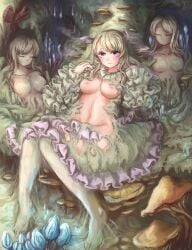 3girls breasts highres medium_breasts monster multiple_girls mushroom nipples original plant sukirosu tentacle tentacle_clothes torn_clothes