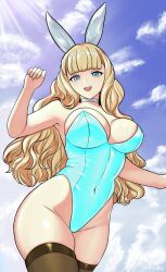 1girls alternate_costume arms_out bare_thighs blonde_hair blue_eyes bunny_ears bunny_girl bunnysuit charlotte_(fire_emblem) cleavage cloud female female_only fire_emblem fire_emblem_fates from_below large_breasts long_hair looking_at_viewer looking_down nintendo open_mouth saltycookie skindentation sky smile solo stockings thick_thighs thighhighs thighs year_of_the_rabbit