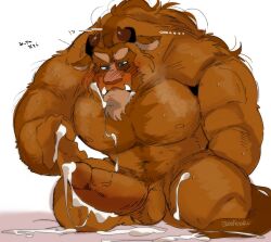 beast_(disney) beauty_and_the_beast blush cum cum_on_body disney furry horns hyaku_(artist) looking_at_penis male male_only muscular_male solo solo_male