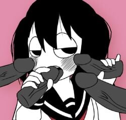 1girls blowjob blush dreaming_stray explosionpsycho fellatio grabbing_penis handjob hasami_haguruma imminent_fellatio licking licking_penis multiple_boys penis penis_poking_cheek pinky_out tongue tongue_out 歯車ハサミ