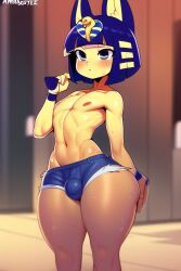 1boy ai_generated animal_crossing ankha anthro anthrofied athletic athletic_male belly_button blue_hair blush blushing bulge clothed clothing denim_shorts facial_markings feline femboy ftm_crossgender genderswap_(ftm) grabbing_own_hair male male_ankha nintendo nipples rule_63 shiny_skin solo thick_thighs trap yellow_body yellow_fur