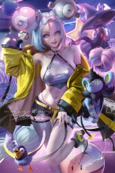 1girls aged_up artist_signature blue_hair breasts electrode_(pokemon) female gym_leader hair_ornament iono_(pokemon) large_breasts light-skinned_female light_skin long_hair luxio mismagius nintendo pink_eyes pink_hair pokemon pokemon_(species) pokemon_sv sakimichan smile thighs twintails two_tone_hair watermark