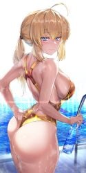 1girls absurd_res alternate_costume artoria_pendragon ass back bare_shoulders blonde_hair blue_eyes blush bottle breasts competition_swimsuit fate/grand_order fate/stay_night fate_(series) female female_focus from_behind hirasawa_seiji huge_ass large_breasts looking_at_viewer looking_back low_ponytail one-piece_swimsuit ponytail pool poolside saber shiny_skin short_ponytail sideboob sidelocks smile solo standing swimsuit thick_thighs two-tone_swimsuit water_bottle water_drop wet wet_clothes wet_swimsuit