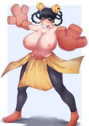 1girls alternate_breast_size bare_chest bell bell_earrings big_breasts black_hair blush breasts breasts_bigger_than_head brown_eyes cosplay crossover_cosplay exposed_breasts female female_only game_freak hariyama_(cosplay) huge_breasts large_breasts lin_lin_(one-punch_man) megamegahhh nintendo one-punch_man oversized_gloves pokemon pokemon_(cosplay) solo sweat topless