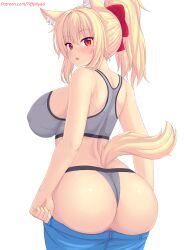 1girls ass back_view blonde_hair breasts bubble_ass bubble_butt cat_ears cat_girl cat_tail catgirl female huge_ass huge_breasts jeans jeans_down large_breasts light-skinned_female light_skin long_hair looking_at_viewer panties red_eyes sports_bra sportswear tail thick_ass thick_thighs tiffy tiffynyaa