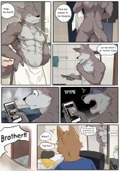 abs absurd_res anthro ash_(dirittle) blush bon_(dirittle) brother brothers canid canine canis cellphone clothed clothing comic dirittle duo english_text hi_res male male/male mammal muscular muscular_male pecs phone sibling text topless wolf