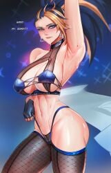 akali armpits badcompzero big_breasts english_text female female_only k/da_akali k/da_all_out_akali k/da_all_out_series k/da_series league_of_legends revealing_clothes riot_games skimpy_clothes tagme text