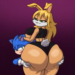 1boy 1girls animal_ears anthro archie_comics ass ass_focus ass_grab big_ass big_breasts big_butt biting_lip black_nose blonde_hair blue_body blue_fur blue_hair blue_skin breasts breasts_on_head bubble_ass bubble_butt bunnie_rabbot bunny bunny_girl bunny_tail butt_grab couple curvy curvy_figure dat_ass eyelashes fat_ass fat_butt gloves green_eyes hedgehog holding_butt huge_ass huge_butt huge_thighs long_hair megahand6 narrowed_eyes rabbit rabbit_girl rabbit_humanoid seductive seductive_eyes sega shorts sideboob simple_background sonic_(series) sonic_the_hedgehog sonic_the_hedgehog_(archie) sonic_the_hedgehog_(comics) sonic_the_hedgehog_(series) spiky_hair tank_top thick_ass thick_thighs two_tone_body white_tail yellow_body yellow_fur yellow_skin