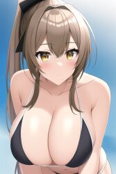 ai_generated amagi_brilliant_park belly bending_forward bending_over big_breasts black_bikini black_ribbon brown_hair cleavage looking_right looking_to_the_side sento_isuzu smile thighs yellow_eyes