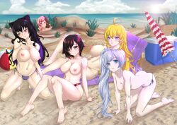 4girls 5girls beach bikini bikini_bottom black_hair blake_belladonna blonde_hair blue_eyes brown_eyes brown_hair casual cat_ears catgirl clothing faunus female female_only human multiple_girls neo_(rwby) nude nude_male pale_skin pink_hair purple_eyes ruby_rose rwby silver_eyes swimwear team_rwby topless topless_female weiss_schnee white_hair yang_xiao_long