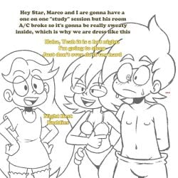 1boy 2023 2girls 2girls1boy bluejr blush cheating_boyfriend cuckquean dialogue imminent_cheating imminent_sex janna_ordonia marco_diaz star_butterfly star_vs_the_forces_of_evil sweat underwear