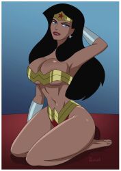 1girls 2d accurate_art_style amazon ass big_ass big_breasts bikini_armor black_hair blue_eyes breasts cleavage dc_comics dcau diana_prince female female_only ghostlessm justice_league_unlimited light-skinned_female looking_at_viewer metallic_clothing on_knees one_arm_behind_head pubic_hair pussy solo star_earrings thick_thighs wide_hips wonder_woman wonder_woman_(series)