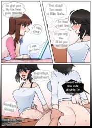 1boy 2girls black_hair blue_eyes bottomless brown_hair cheating comic cowgirl_position cucked_lesbian cuckquean dialogue english_text erohoney grabbing holding_hands netorare orientation_play ruhi sierra_dazorelle stealth_sex vaginal_penetration video_call